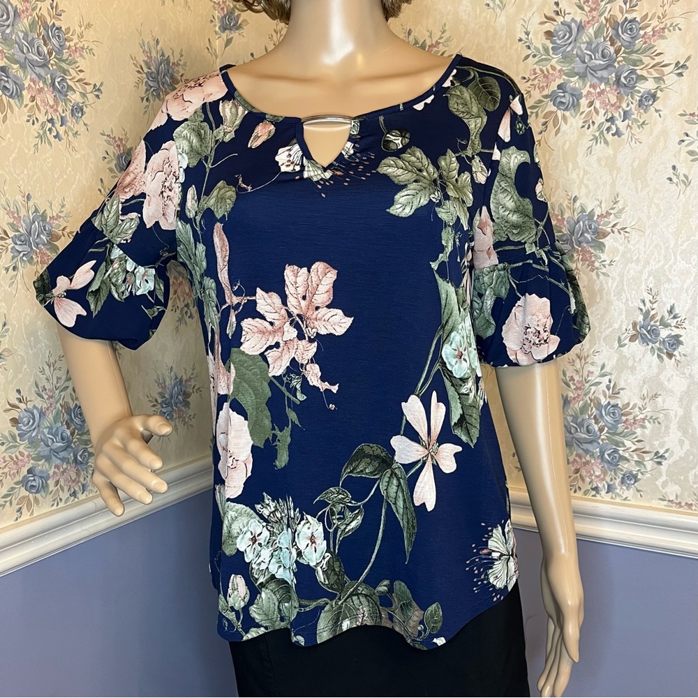 Naif Navy Blue Green Floral Blouse, Size S